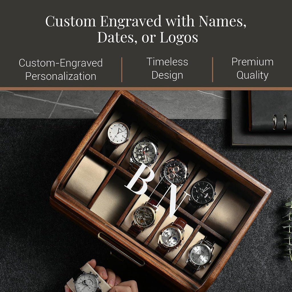 Shanik Wooden Watch Box with Drawer & Glass Lid – Acacia Wood Valet Tray Organizer for Men, Minimalist Nightstand Storage, Engraved Daily Watch Display Case, Personalized Gift for Him, Father's Day