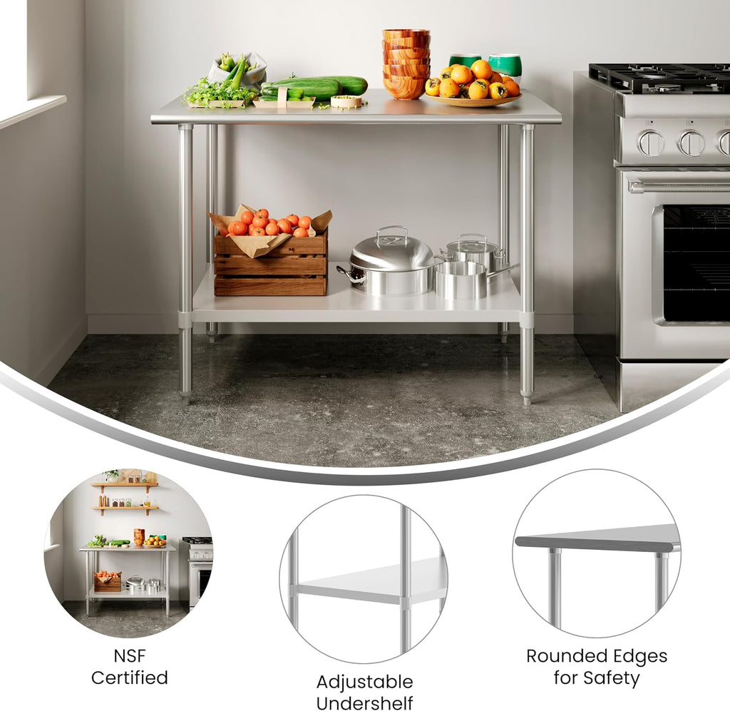 Flash Furniture Reese NSF Certified Stainless Steel Kitchen Prep and Work Table, Commercial Work Table with Storage, 48' W x 30' D x 34.5' H, Silver