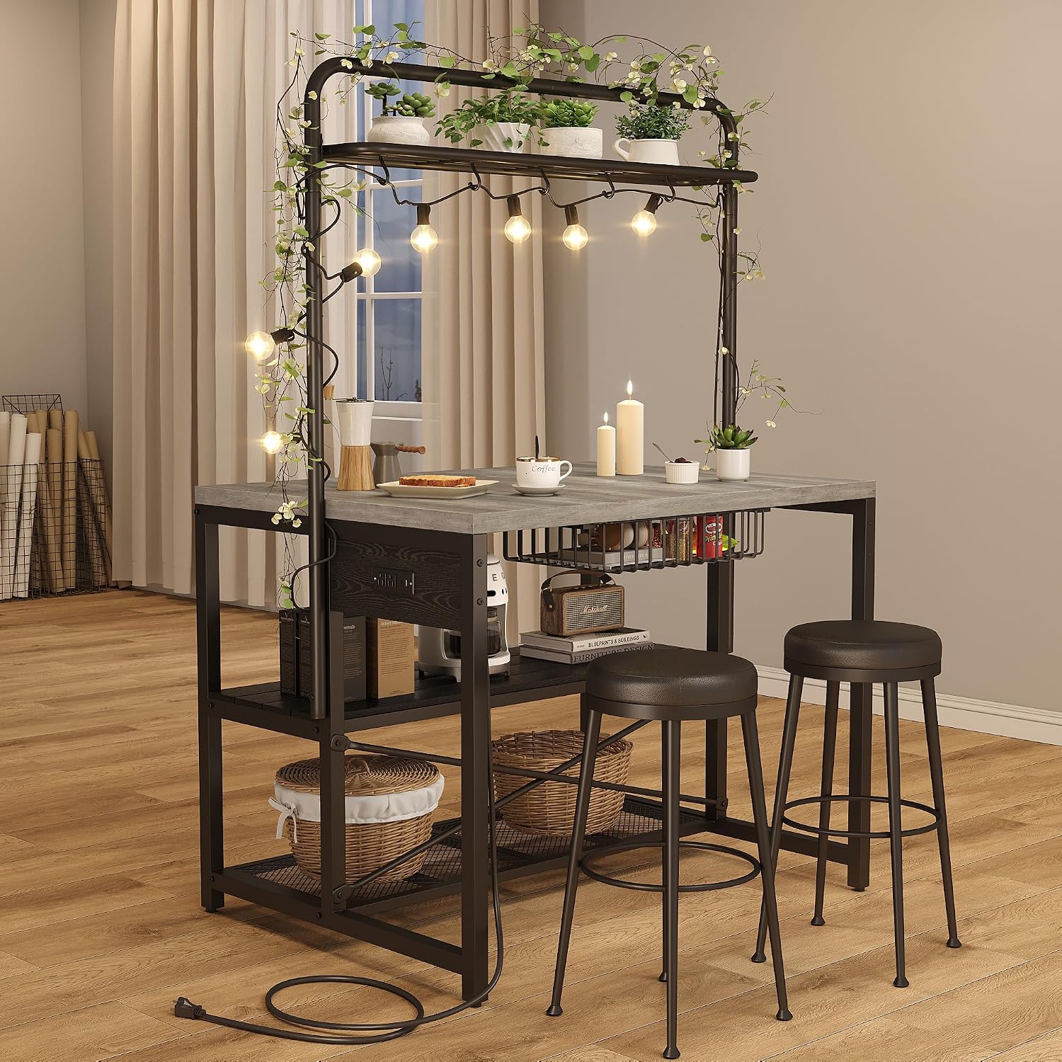 46' Large Kitchen Island Table Baker Rack with Power Outlet and 3-Tier Storage-Microwave Stand Oven Shelf, Metal Coffee Bar Table,Kitchen Storage Shelf for Dining Living Room, 5 Hooks,Grey