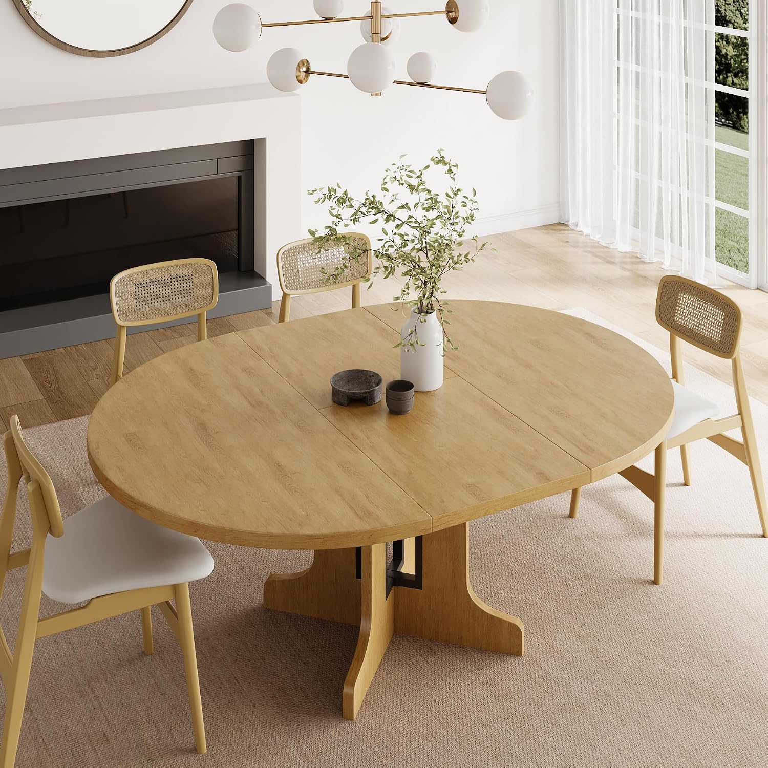 Feonase 59' Round Extendable Dining Room Table for 6, Modern Oval Kitchen Table with Heavy Duty Wood Base, for Kitchen Dining Living Room, Easy Assembly, Noise-Free, Oak