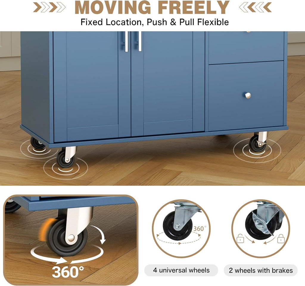 Shintenchi Kitchen Island with Folding Drop Leaf, Rolling Island Table with Storage, Kitchen Cabinet on Wheels with Seating Area for Kitchen, Bar Cart with Cabinet, Blue
