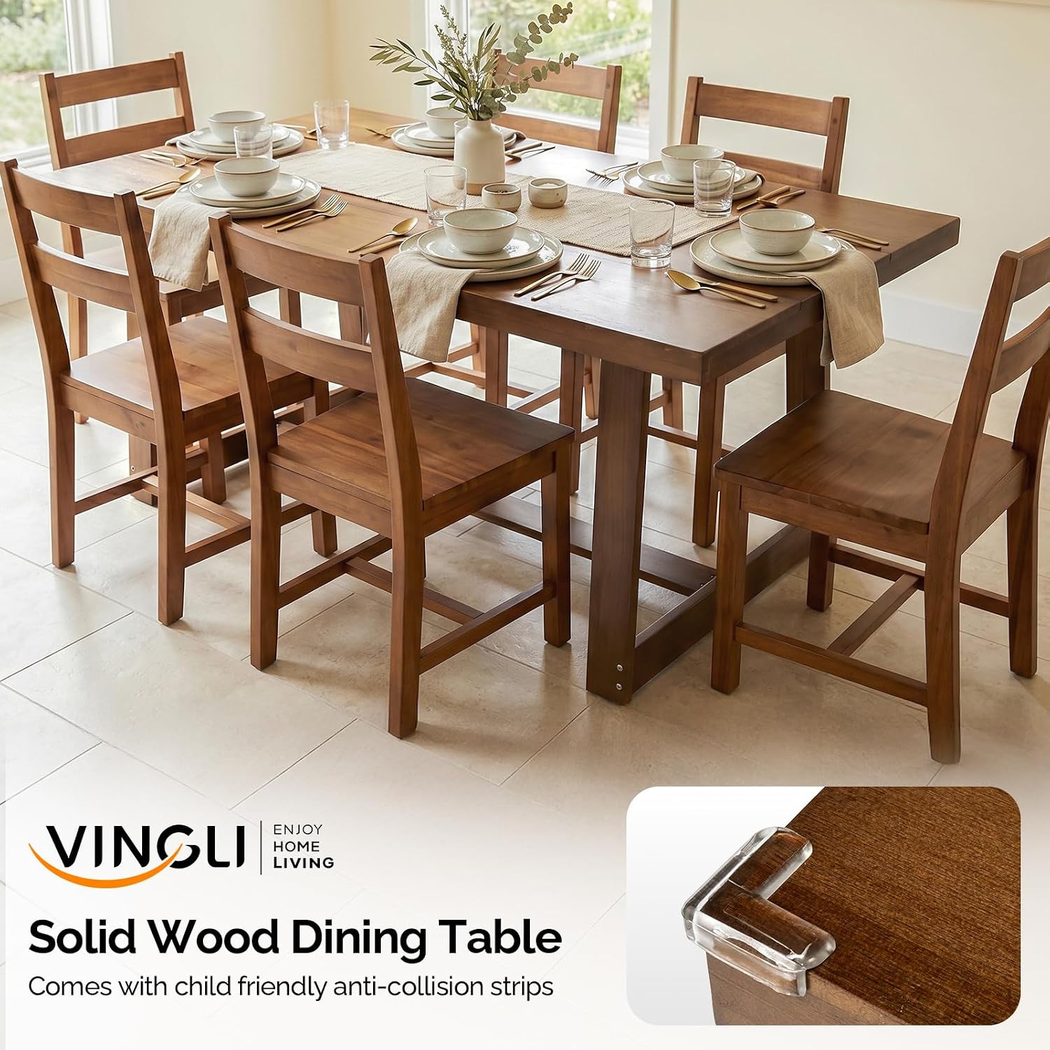 VINGLI 48 Inch Farmhouse Dining Table for 4-6, Solid Pine Wood Table with 4 Corner Protectors, Rectangular Dining Table for Kitchen, Dining Room, Small Apartment, Studio, Family Dinner, Walnut
