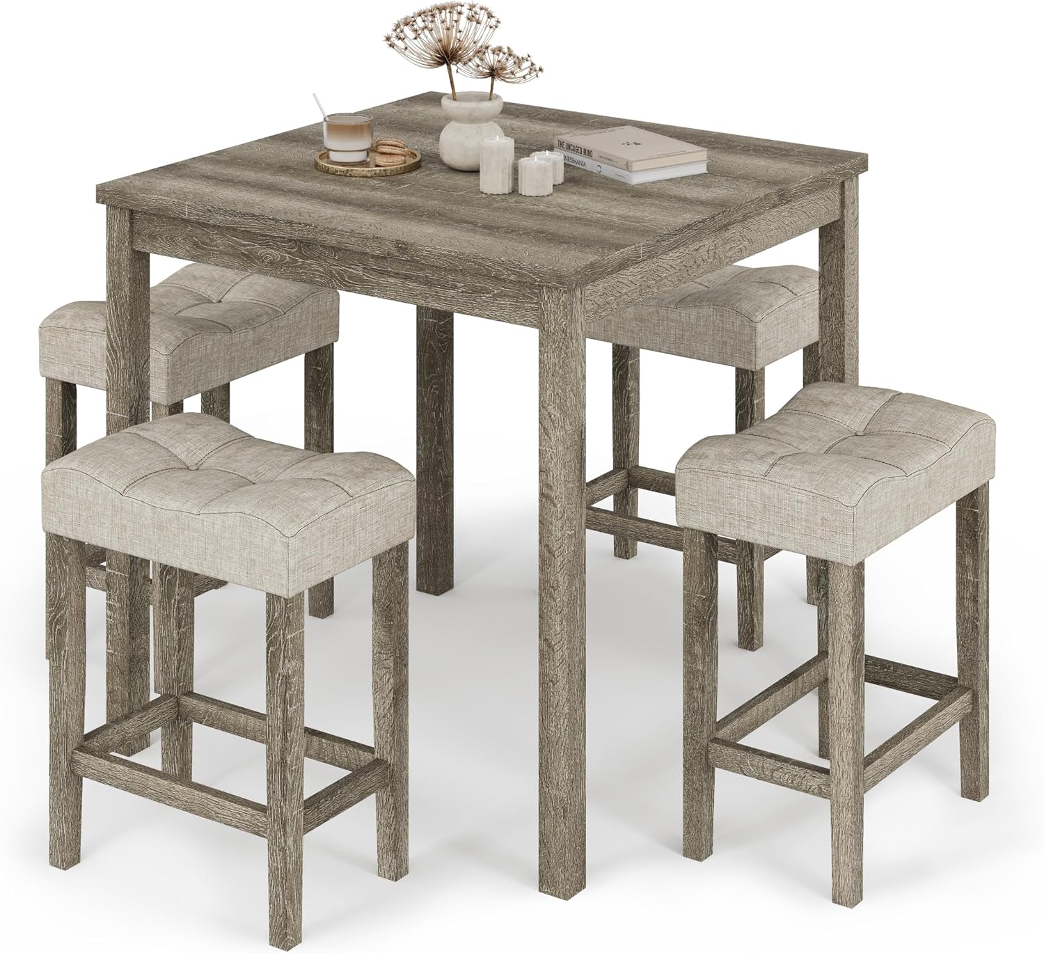 allamazing 5-Piece Counter Dinner Height Table Set, Indoor Modern Rectangular Dining Table Furniture Set for Kitchen, 35 inch Dining Table with 4 stools (1+4 Natural)