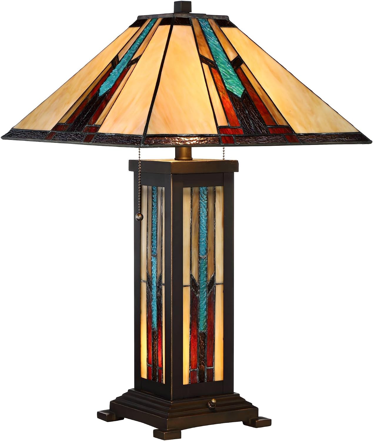 Robert Louis Tiffany Ranier Mission Tiffany Style Table Lamp with Nightlight 25' High Bronze Brown Antique Stained Art Glass for Cottage Core Living Room Bedroom House Bedside Nightstand Home Family