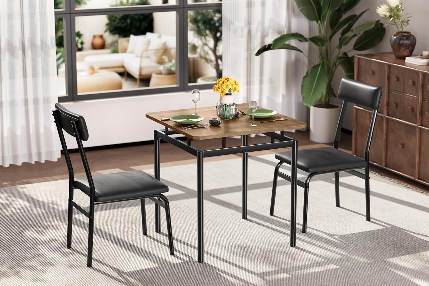 Garvee 3 Piece Dining Table Set, Kitchen Table Set for 2 with 2 PU Upholstered Chair, Industrial Metal Frame Dinette Set for Small Space, Dining Room, Apartment, Studio, Black