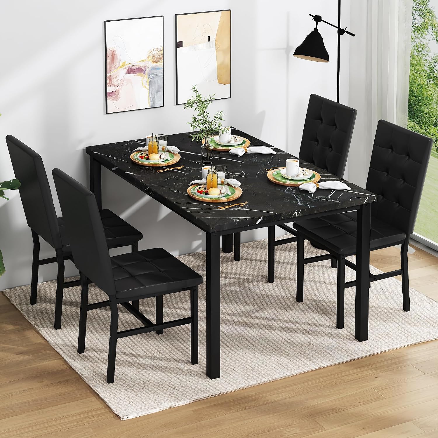 AWQM Dining Table Set for 4,Faux Marble Kitchen Table and Chairs Set of 4, Modern Dining Room Table Set for 4,Dinner Table with 4 Leather Chairs, Dinette Set for Small Spaces (Black&Black)