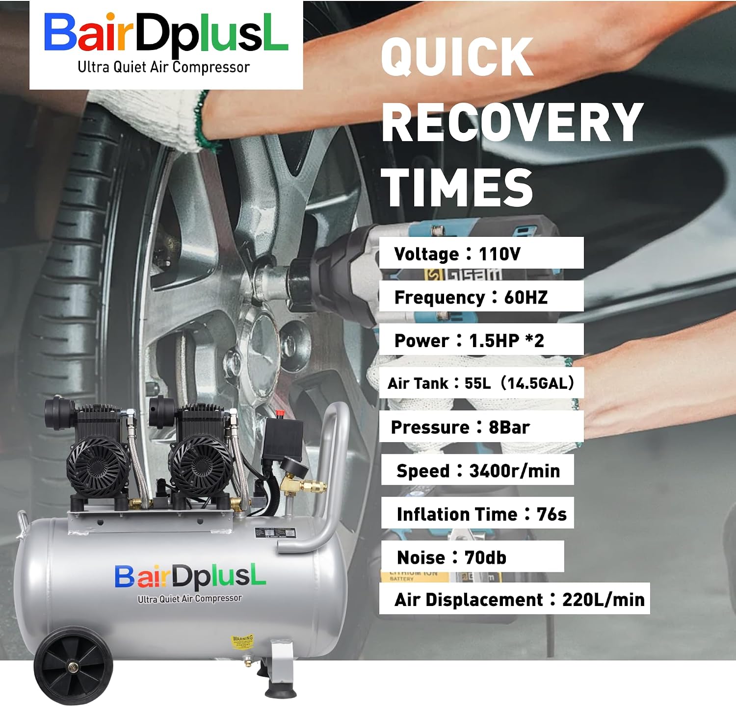 BairDplusL 14.5 Gallon Ultra Quiet Air Compressor 110V/60Hz 1.5HP 8.8CFM MAX 115PSI Steel Tanks Oil-Free 70dB Noise Level Light & Quiet Portable Air Compressor with Wheels for Auto Repair