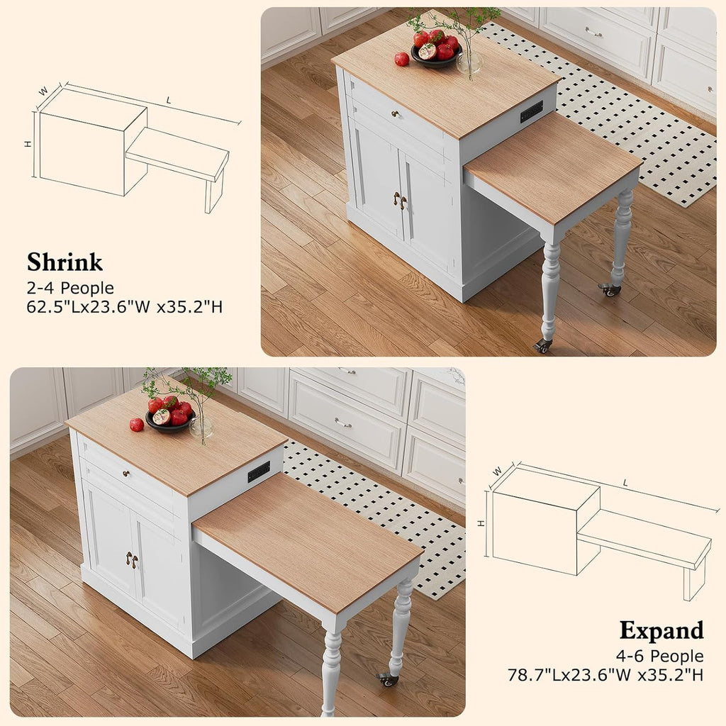 HLR 72' Kitchen Island with Extendable Table for 2-4, Island Table for Kitchen with Power Outlet and Storage Slide Out Legs, Rolling Islands Cart with 2 Doors (White)