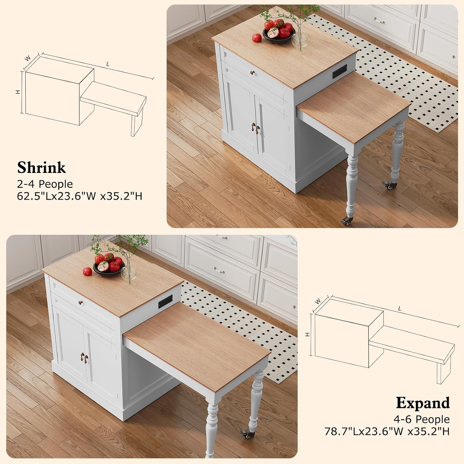 HLR 72' Kitchen Island with Extendable Table for 2-4, Island Table for Kitchen with Power Outlet and Storage Slide Out Legs, Rolling Islands Cart with 2 Doors (White)