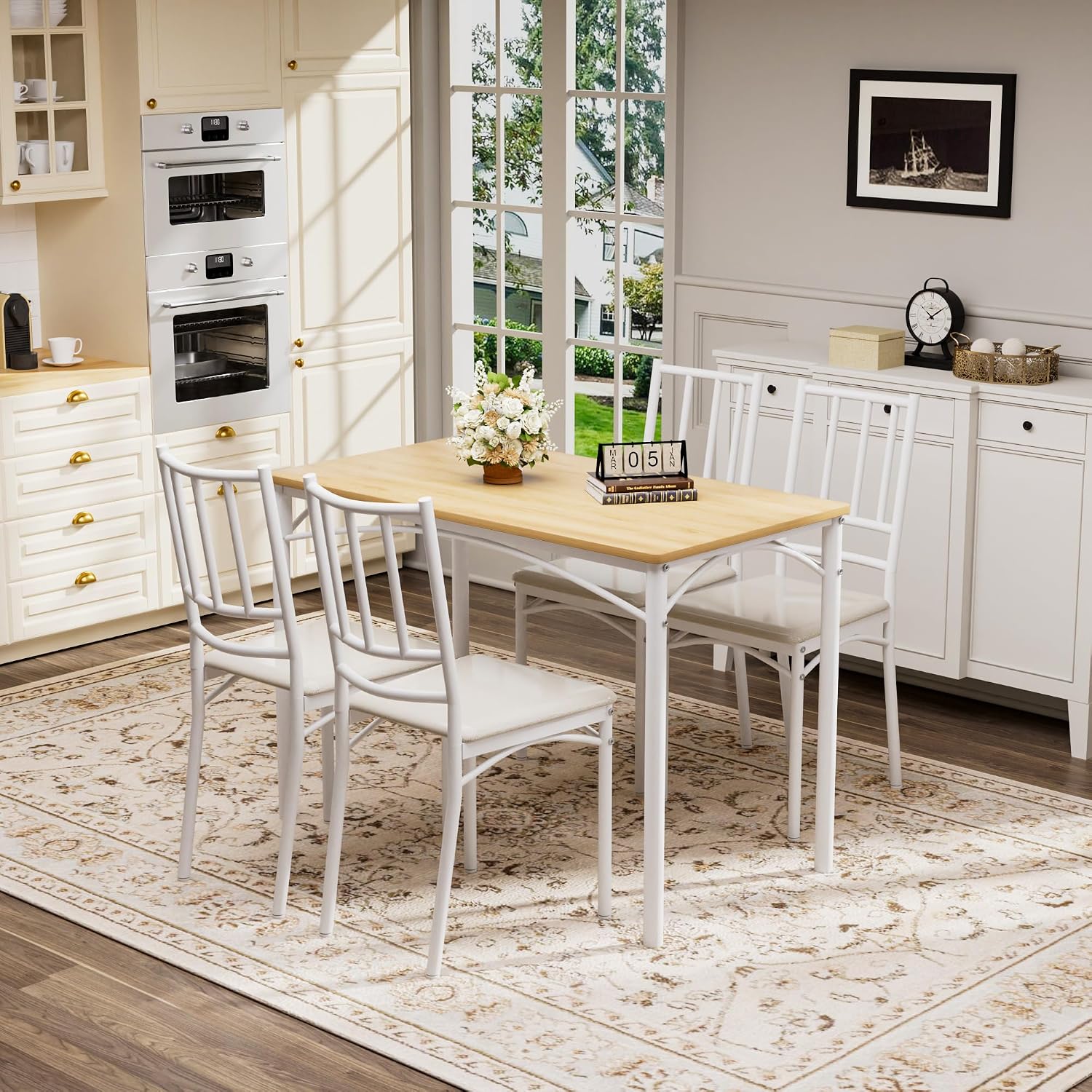 Dining Table Set for 4, Industrial Kitchen Table Set with 4 Upholstered Chairs, Metal Table and Chairs Set for Kitchen, Dining Room, Living Room, Natural+White