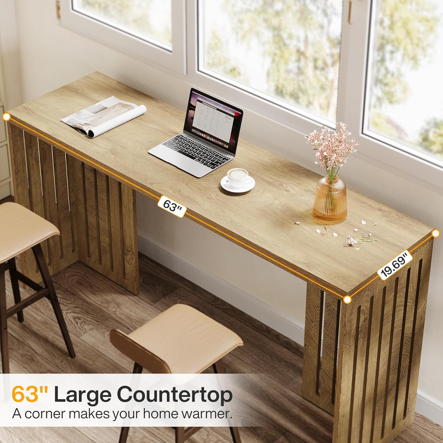 Tribesigns Bar Table, 63-Inch Counter Height Pub Table, Industrial Bar Height Table, Rectangular High Top Kitchen & Dining Counter Tables with Louvered Base for Narrow Space, Natural