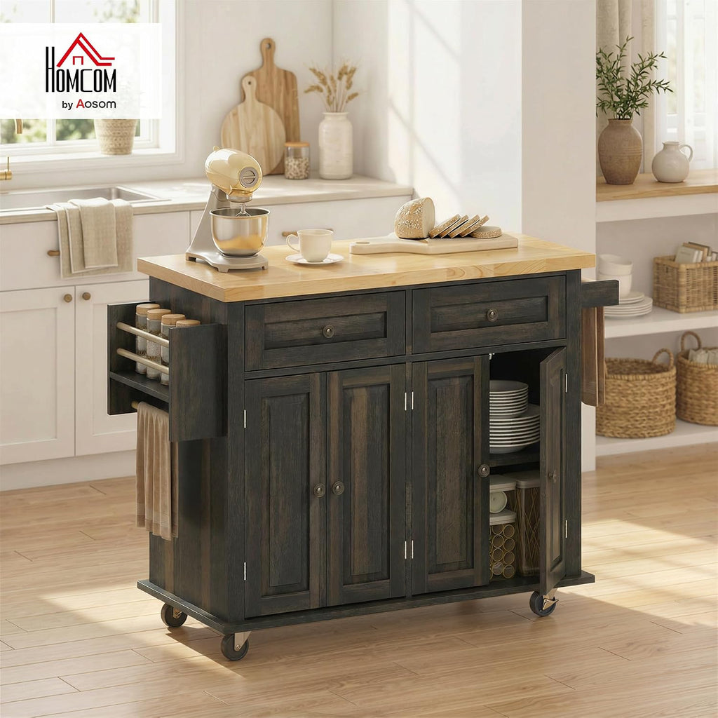 HOMCOM Kitchen Island Cart with Solid Wood Top, 44' Mobile Kitchen Island Table on Wheels with Storage Cabinets, 2 Drawers, Adjustable Shelves, Spice Rack & Towel Bar for Dining Room, Brown Oak