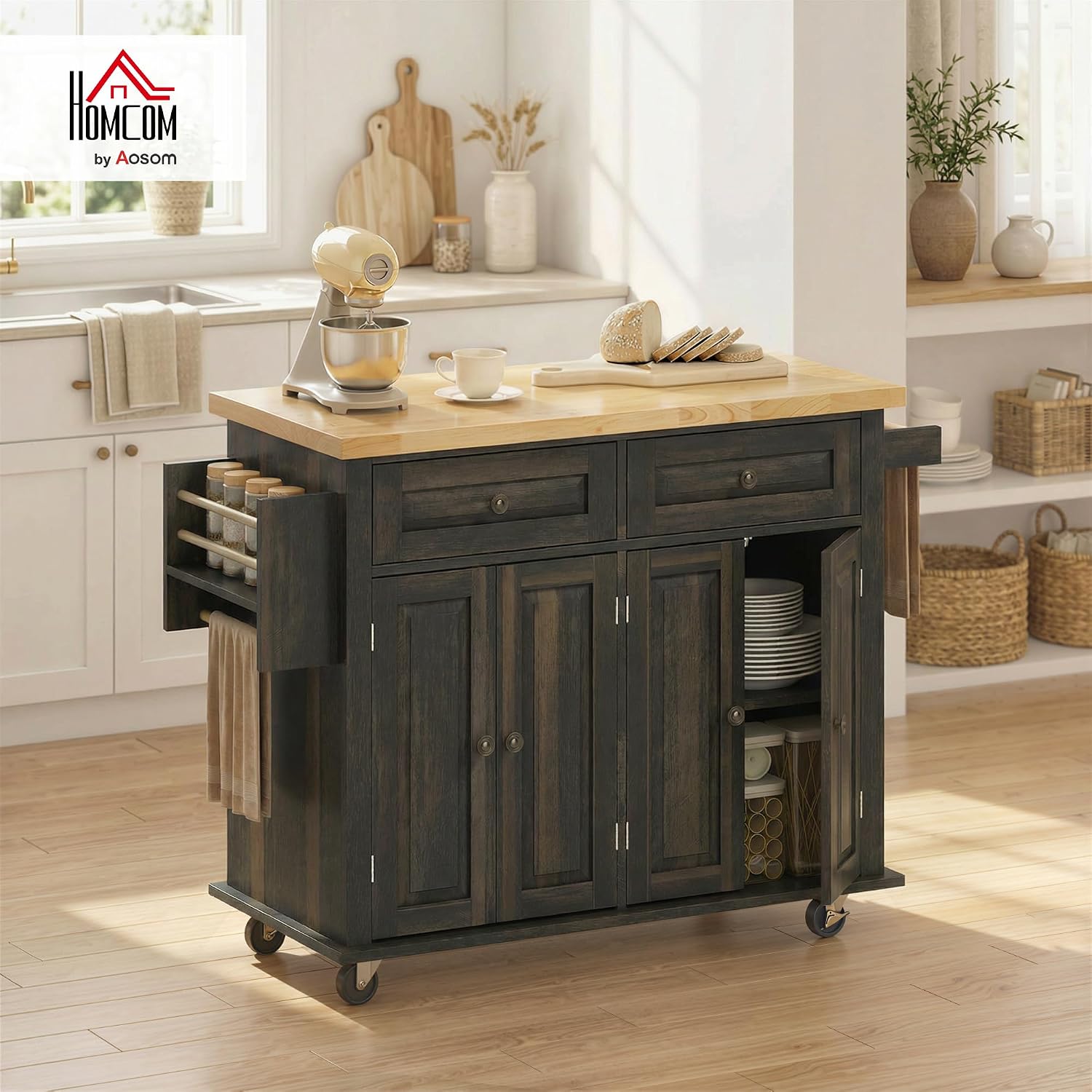 HOMCOM Kitchen Island Cart with Solid Wood Top, 44' Mobile Kitchen Island Table on Wheels with Storage Cabinets, 2 Drawers, Adjustable Shelves, Spice Rack & Towel Bar for Dining Room, Brown Oak