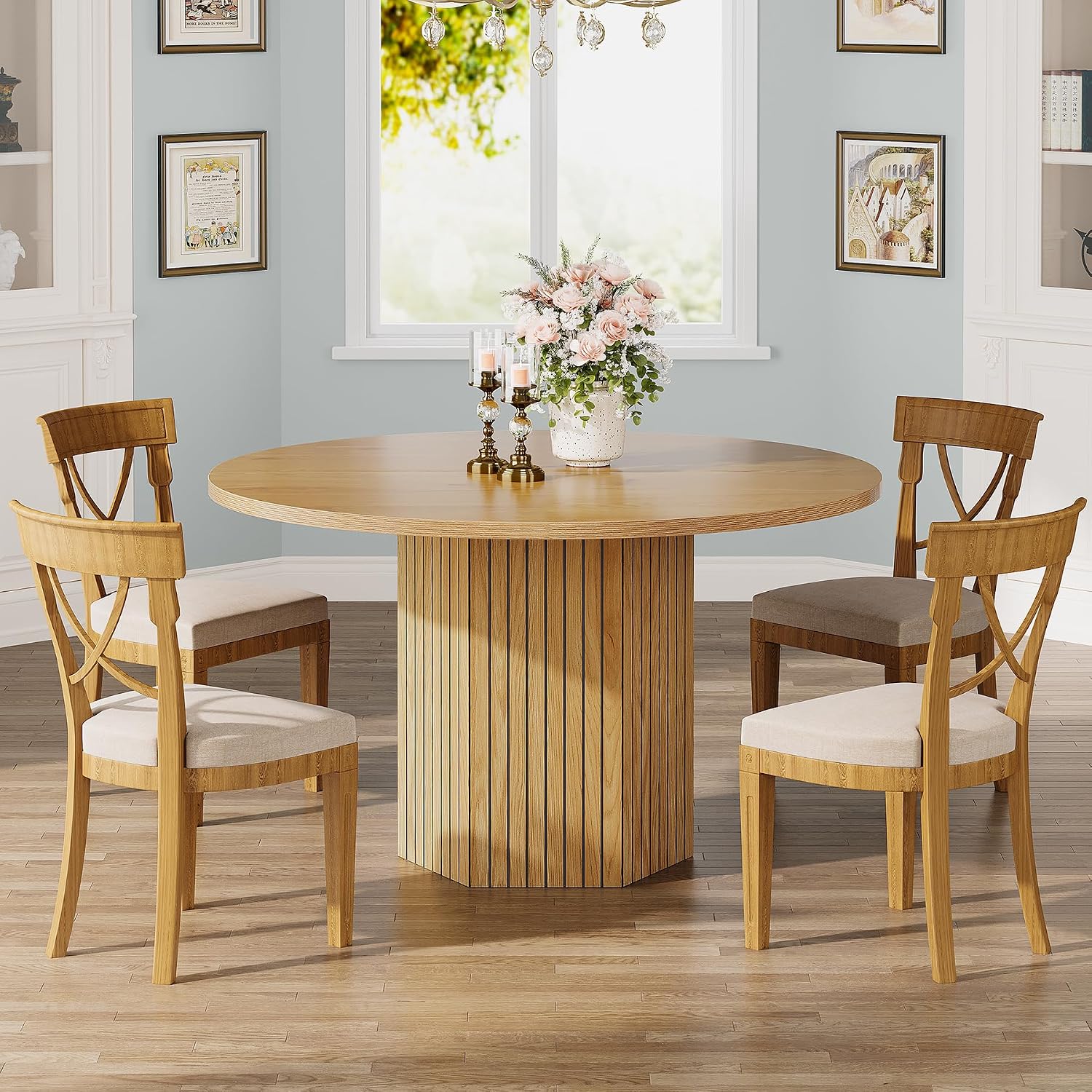 Tribesigns Wood Round Dining Table for Kitchen Room, 47 inch Dinner Table for 4 People with Heavy Duty Pedestal Base Circle Oak Tabletop for Kitchen Living Room, Natural Oak