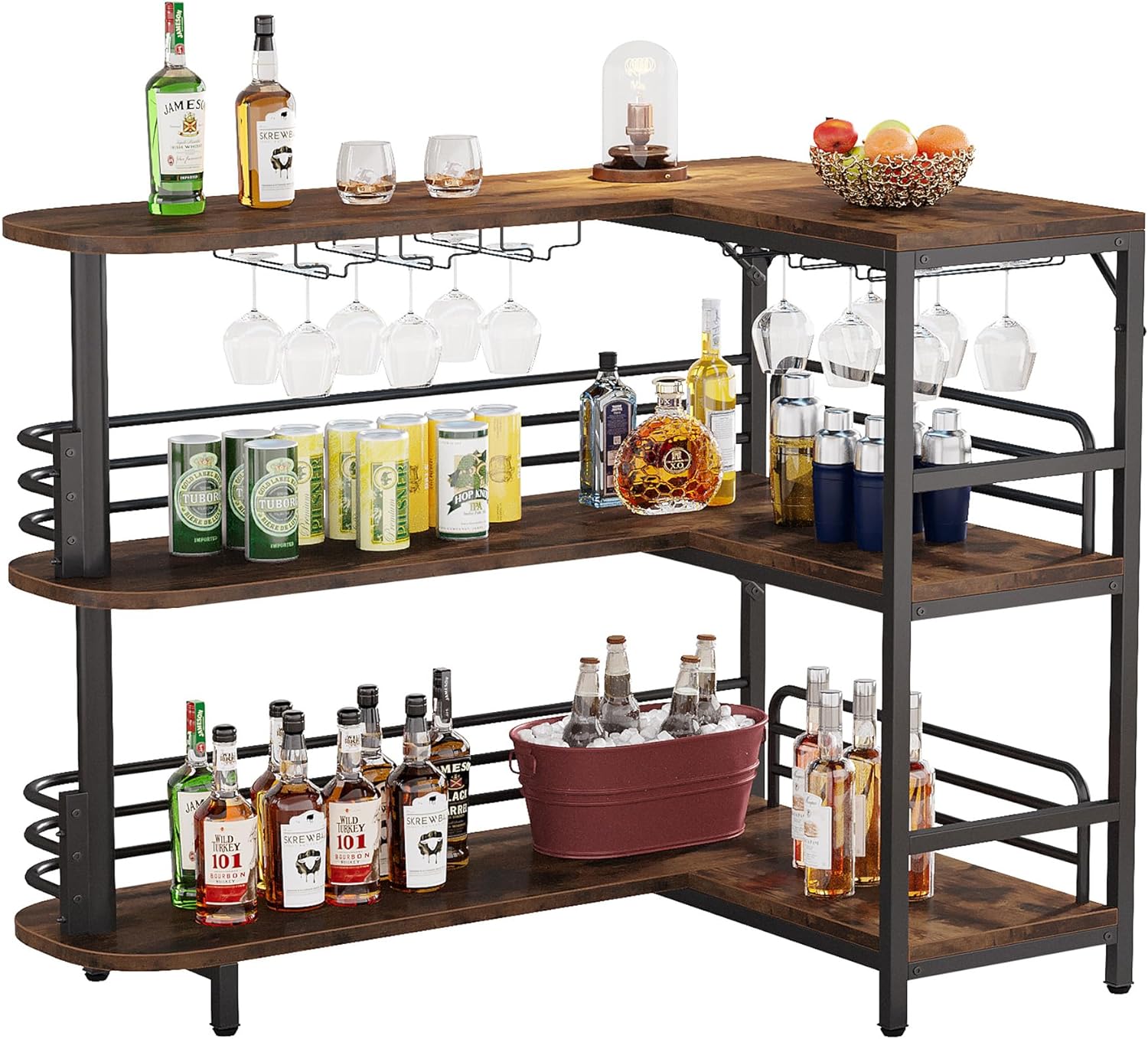 Tribesigns L-Shaped Home Bar Unit, 3 Tier Liquor Table With Storage Shelves and Wine Glasses Holder, Industrial Corner Wine Cabinet Mini Bar for Home Kitchen Pub, Rustic Brown