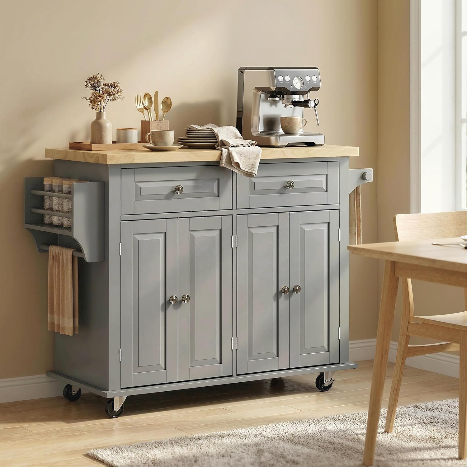 HOMCOM Kitchen Island Cart with Rubber Wood Top, Rolling Kitchen Island Table on Wheels with Drawers, Adjustable Shelves, Spice Rack and Towel Rack for Dining Room, Gray