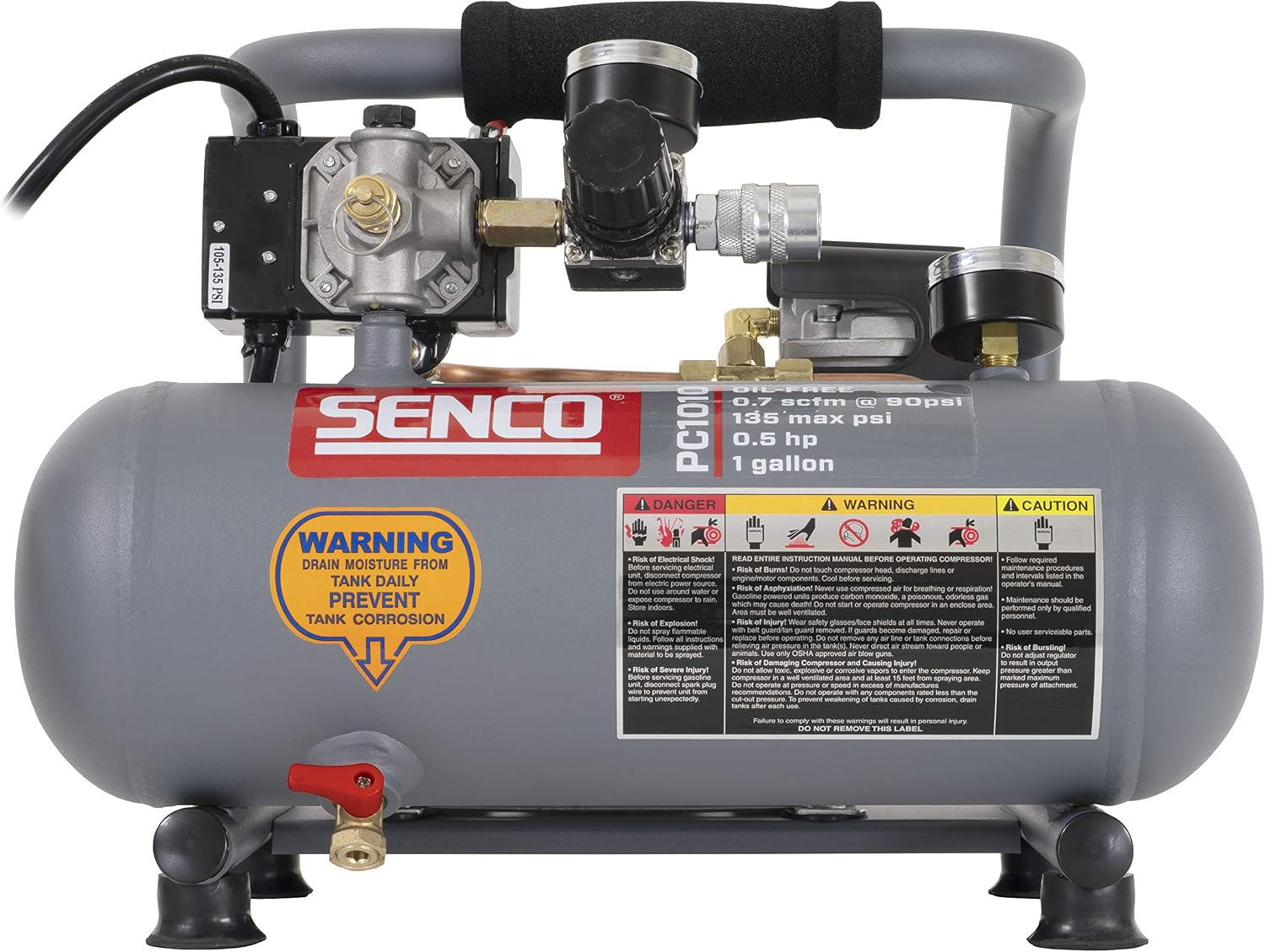 SENCO PC1010 1/2-Horsepower 1-Gallon Finish and Trim Hot Dog Air Compressor Portable Tire Inflator For Car