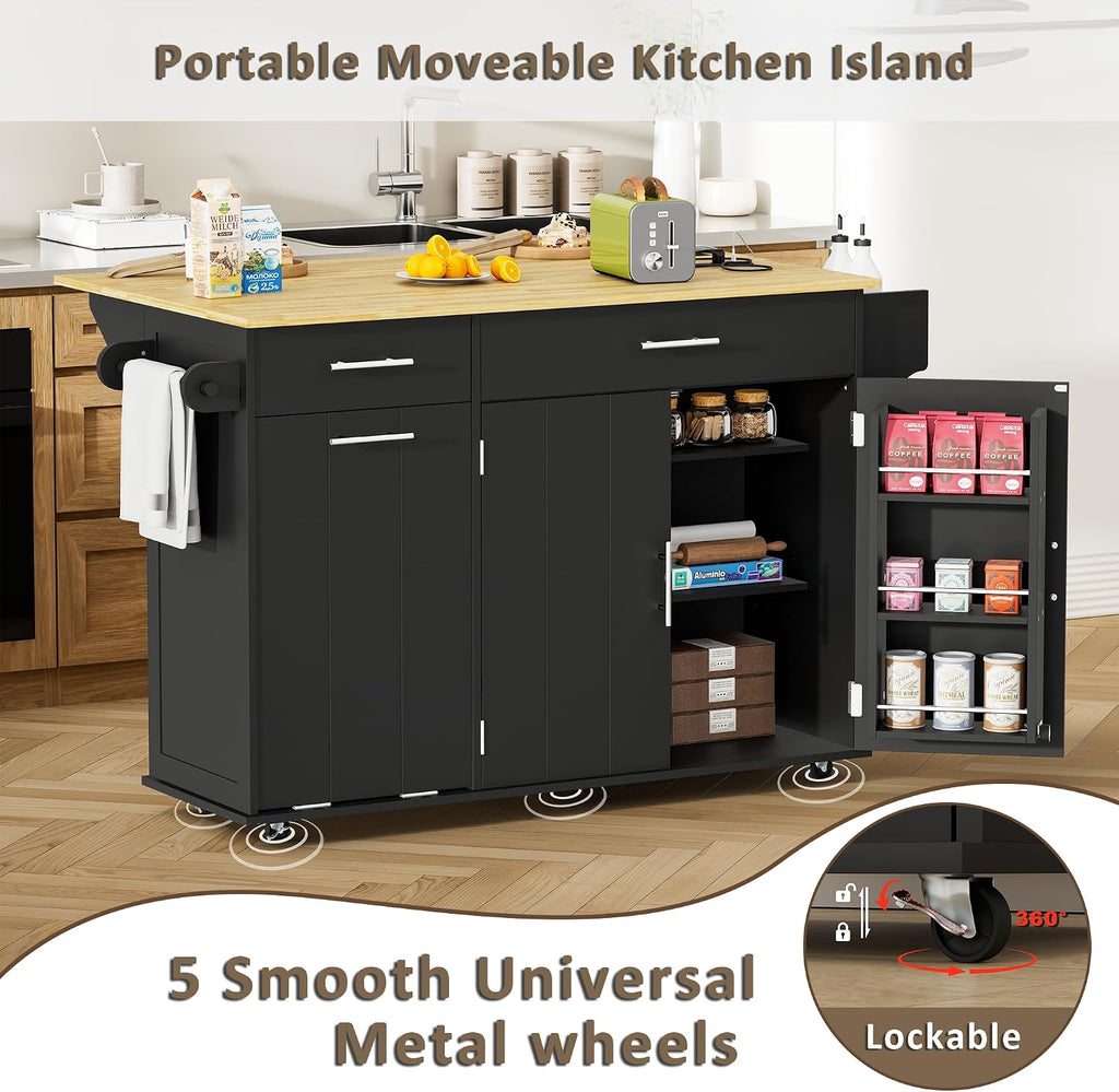 HQZX Rolling Kitchen Island with Trash Can Storage, Portable Kitchen Island Cart on Wheels with Drop Leaf & Power Outlet, Towel Rack & Spice Rack, Large Mobile Island Table for Kitchen, Black