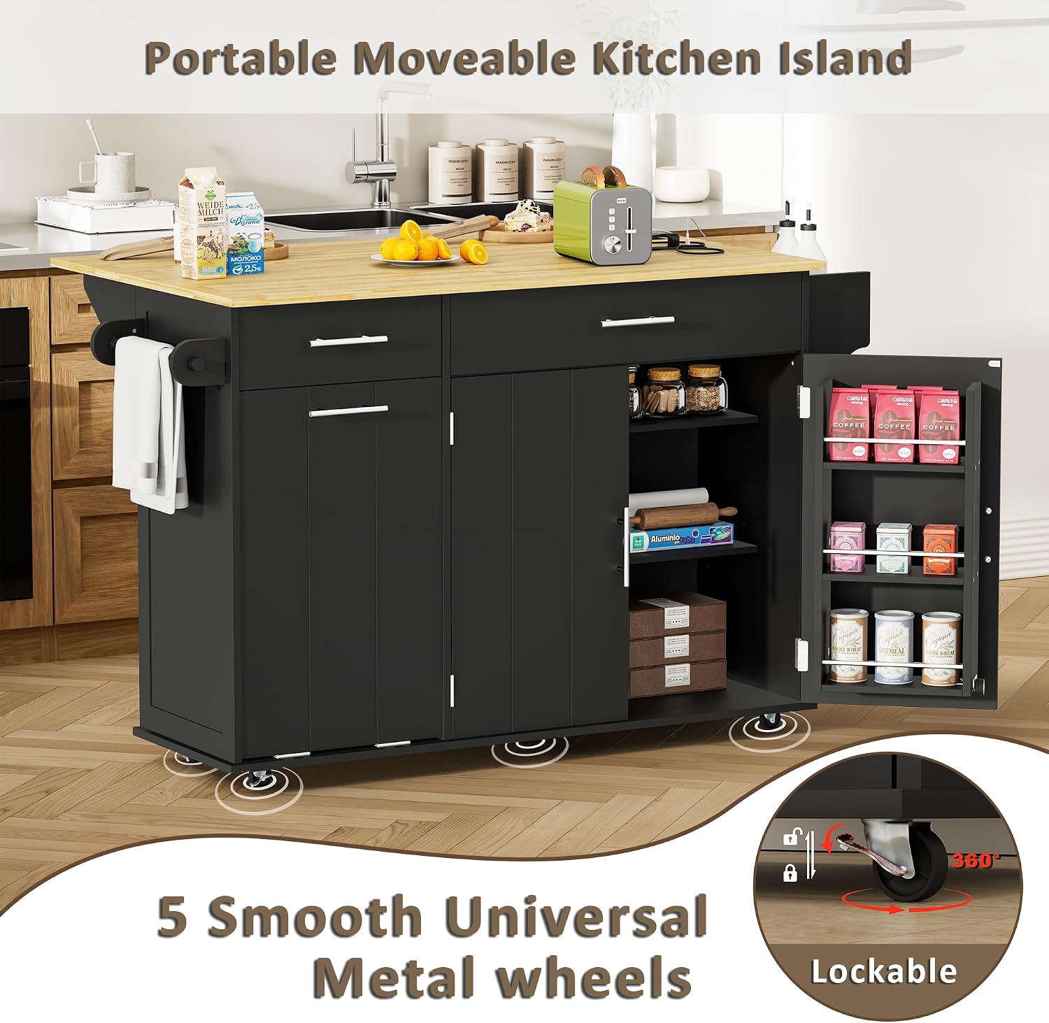 HQZX Rolling Kitchen Island with Trash Can Storage, Portable Kitchen Island Cart on Wheels with Drop Leaf & Power Outlet, Towel Rack & Spice Rack, Large Mobile Island Table for Kitchen, Black