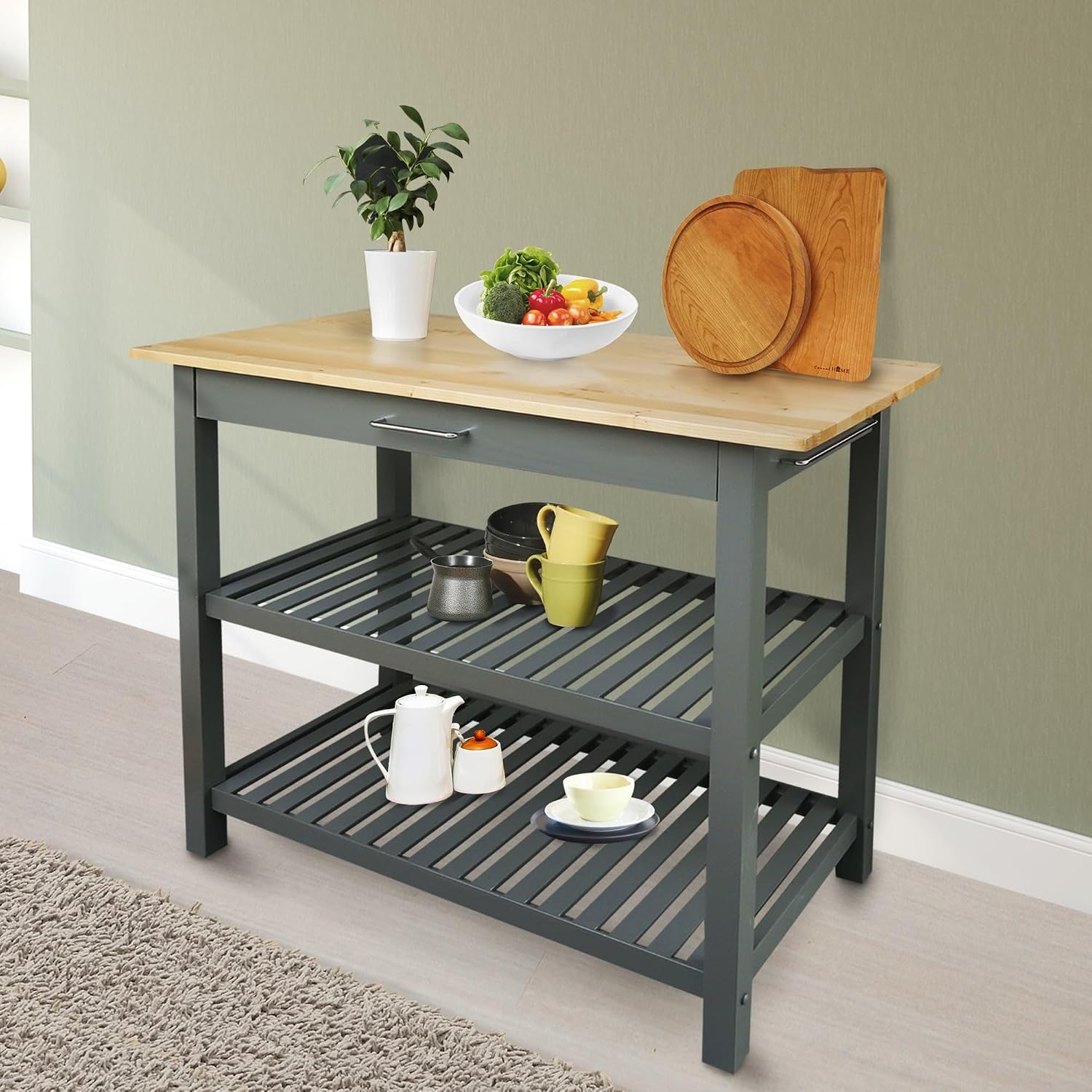 Casual Home Kitchen Island with Solid American Hardwood Top, Slate Gray, 40' W (373-932)