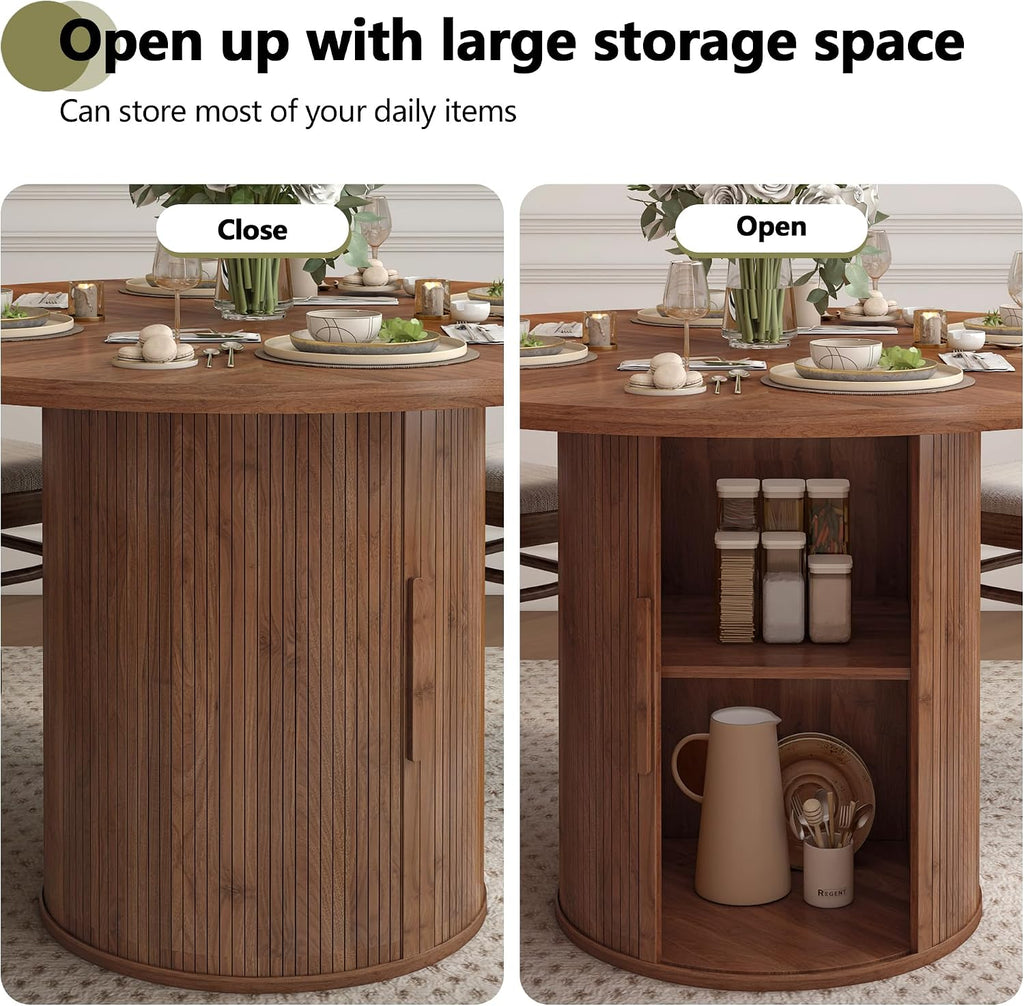 weselon 47 inch Round Dining Table for 4, Kitchen Table Dinner Table with 2-Layer Storage Shelf and Wood Slide Door for Home Dining Room Living Room (Walnut)