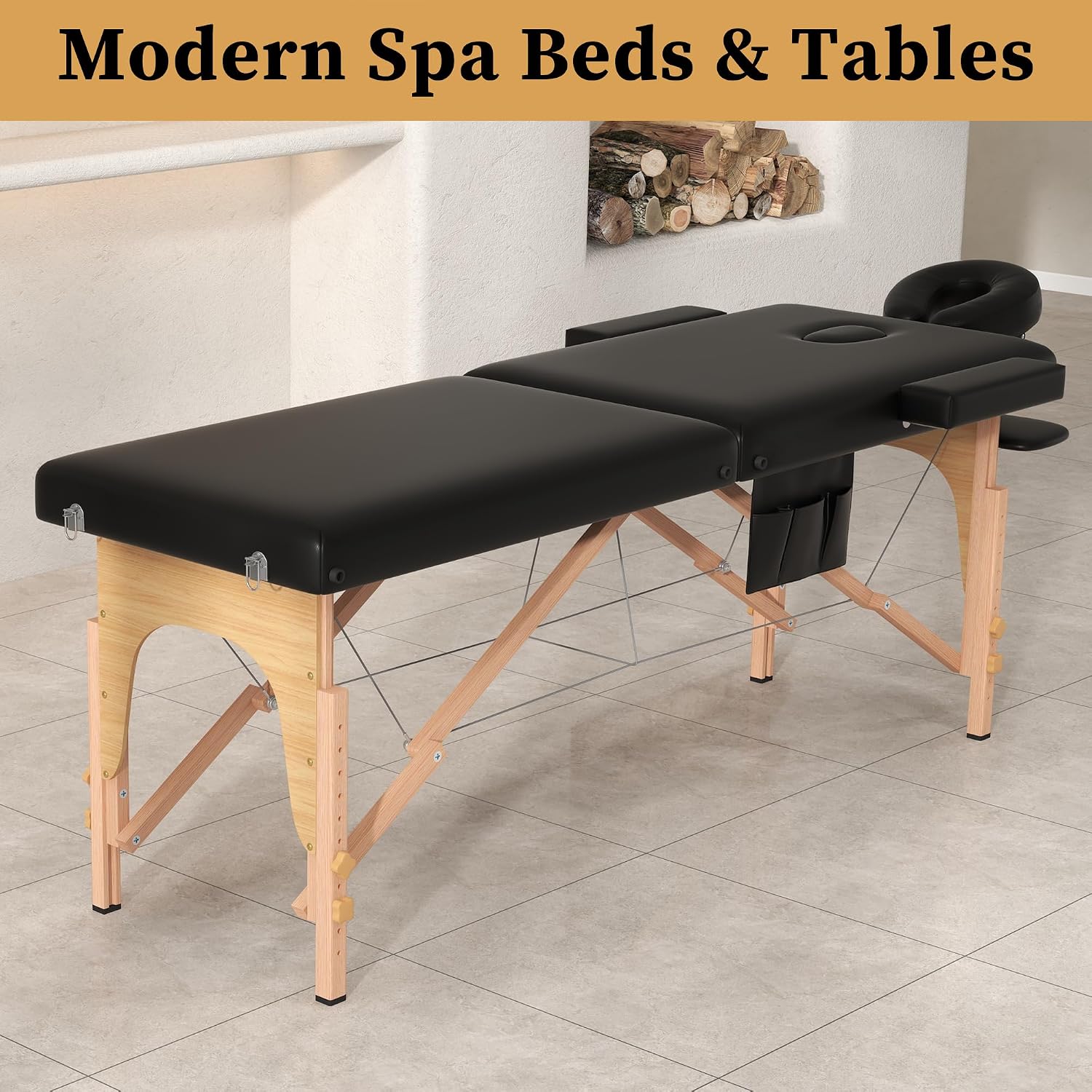 civama Massage Table Massage Bed Portable, 29 LBs Light Weight 2 Section Foldable Tattoo Bed Facial Care Spa Lash Bed Height Adjustable Sturdy Wooden Frame with Accessories Carrying Bag, Black