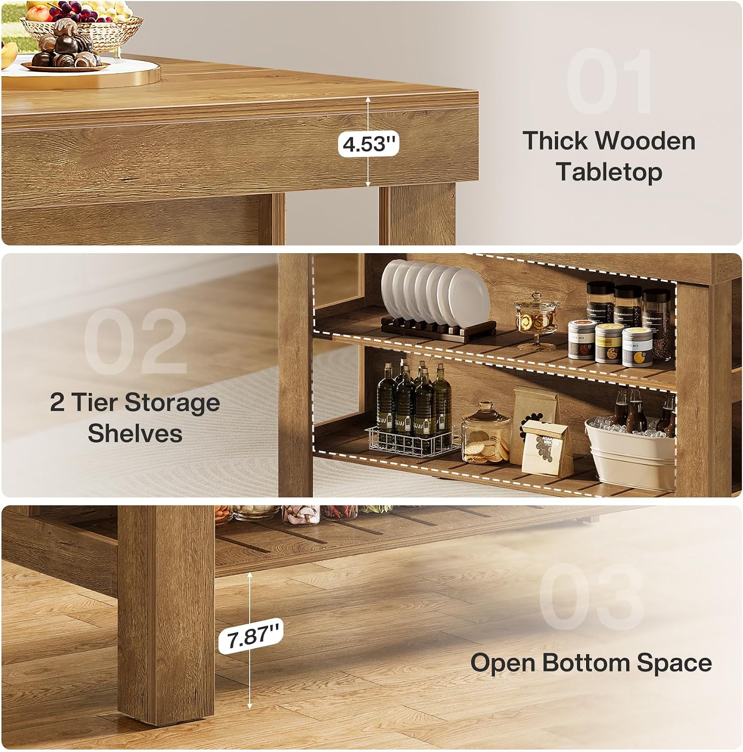 Tribesigns Kitchen Island with Seating and Storage Shelves, 55.1-Inch Breakfast Counter Farmhouse Island Table for Kitchen Dining Room (All Brown)