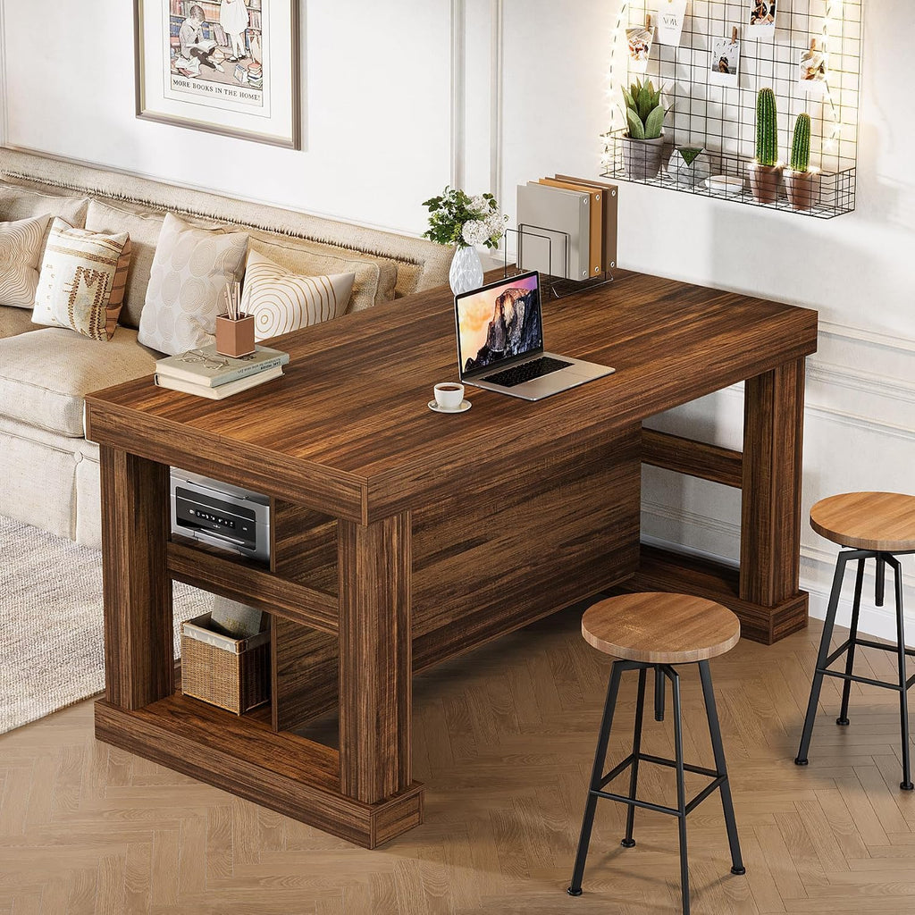 Tribesigns 55' Kitchen Island with Seating and Storage, 3-Tier Farmhouse Wood Stationary Island Table with Large Worktop & Leg Room, Coffee Bar Table with Storage Shelves for Kitchen, Dark Brown