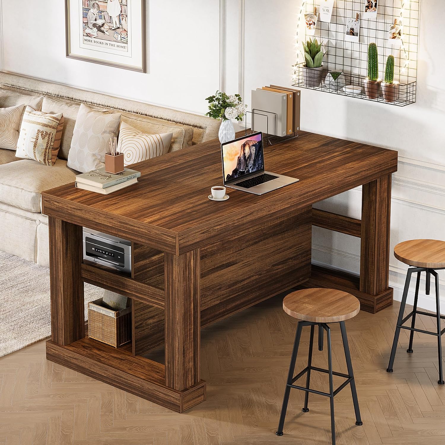 Tribesigns 55' Kitchen Island with Seating and Storage, 3-Tier Farmhouse Wood Stationary Island Table with Large Worktop & Leg Room, Coffee Bar Table with Storage Shelves for Kitchen, Dark Brown