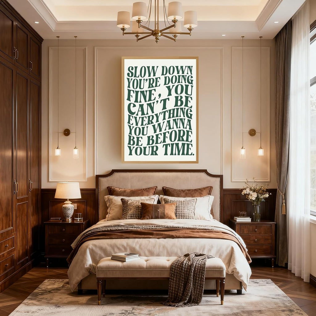 Slow Down Youre Doing Fine Music Posters Green Wall Art Canvas Print Daily Reminder Positive Affirmations Song Lyric Poster Trendy Inspirational Quote Decor for Bedroom Dorm 20x30inch Wooden frame