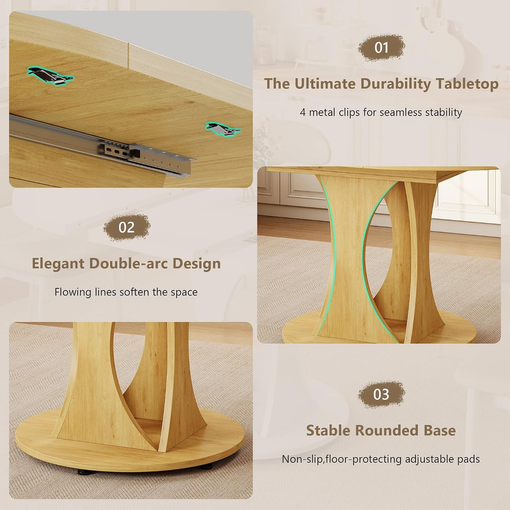 Einhomn 59' Extendable Round Dining Table for 6-8, Kitchen Table with Sturdy Double Arc Base & Backboard Clasp Desktop, Mid-Century Modern Dinner Table, Kitchen Dining Room, Space Saving, Natrual