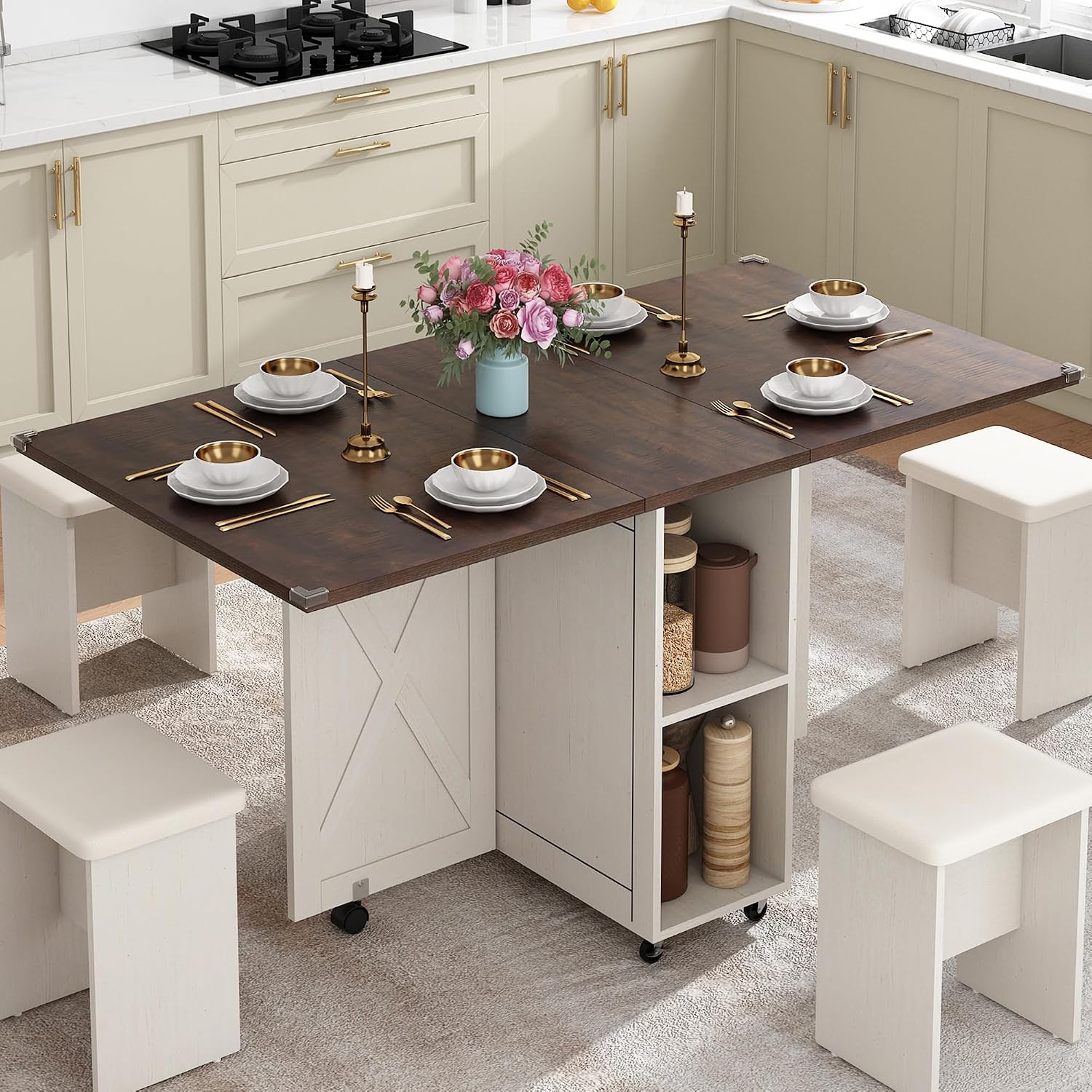 5 PCS Farmhouse Dining Table Set for 4,60' Large Folding Dining Table Set w/ 4 Leather Chairs, Drop Leaf Foldable Kitchen Table for Small Spaces,Barn Door Design,6 Wheels,2-Layer Storage Shelf,Brown