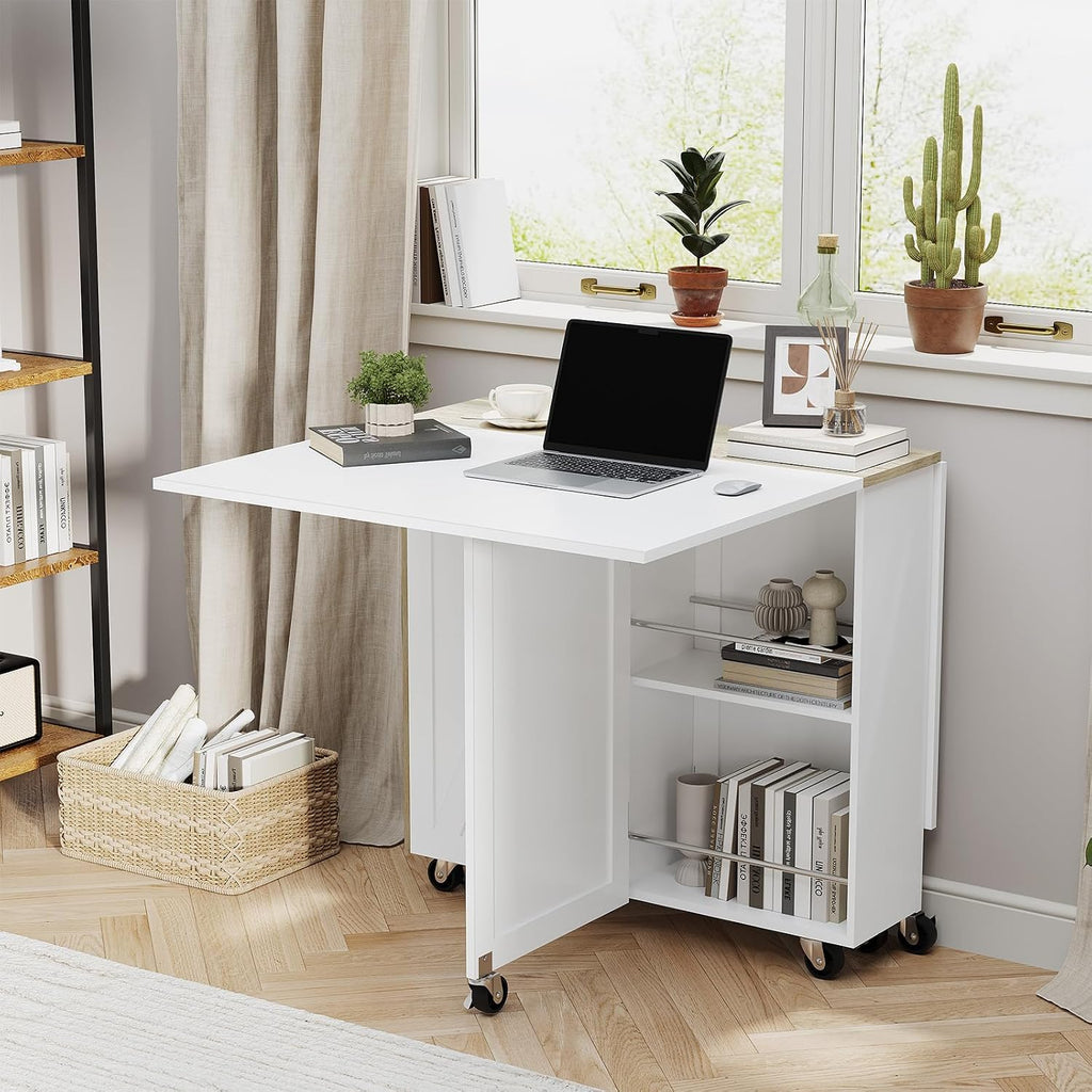 Folding Dining Table with 6 Wheels, Drop Leaf Tables for Small Spaces, Foldable Dining Table with 2-Layer Storage Rack, Kitchen Table with Drawer (White and Oak)