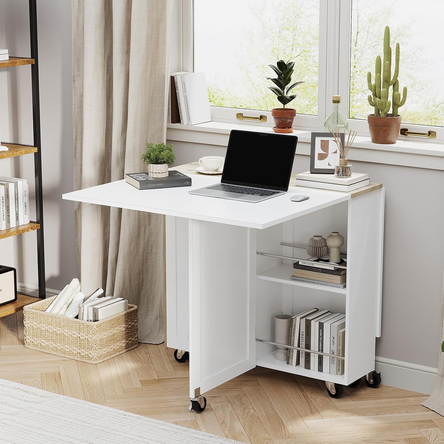 Folding Dining Table with 6 Wheels, Drop Leaf Tables for Small Spaces, Foldable Dining Table with 2-Layer Storage Rack, Kitchen Table with Drawer (White and Oak)