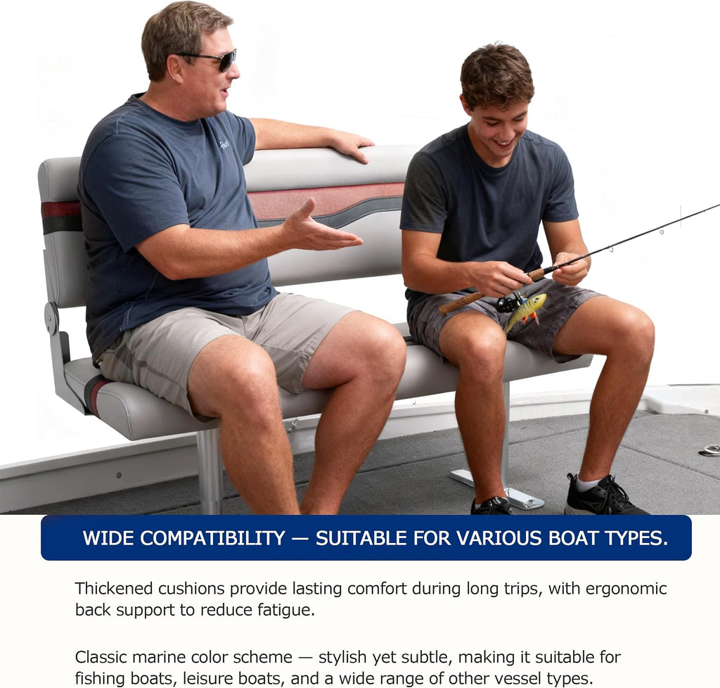 Boat Bench Seat for Fishing Boat, NORTHCAPTAIN Double Folding Boat Seat 2 Person with Marine-Grade Vinyl and PE Frame, Padded Cushion for Bass Boat Jon Boat Pontoon,Light Grey/Charcoal/Wine Red