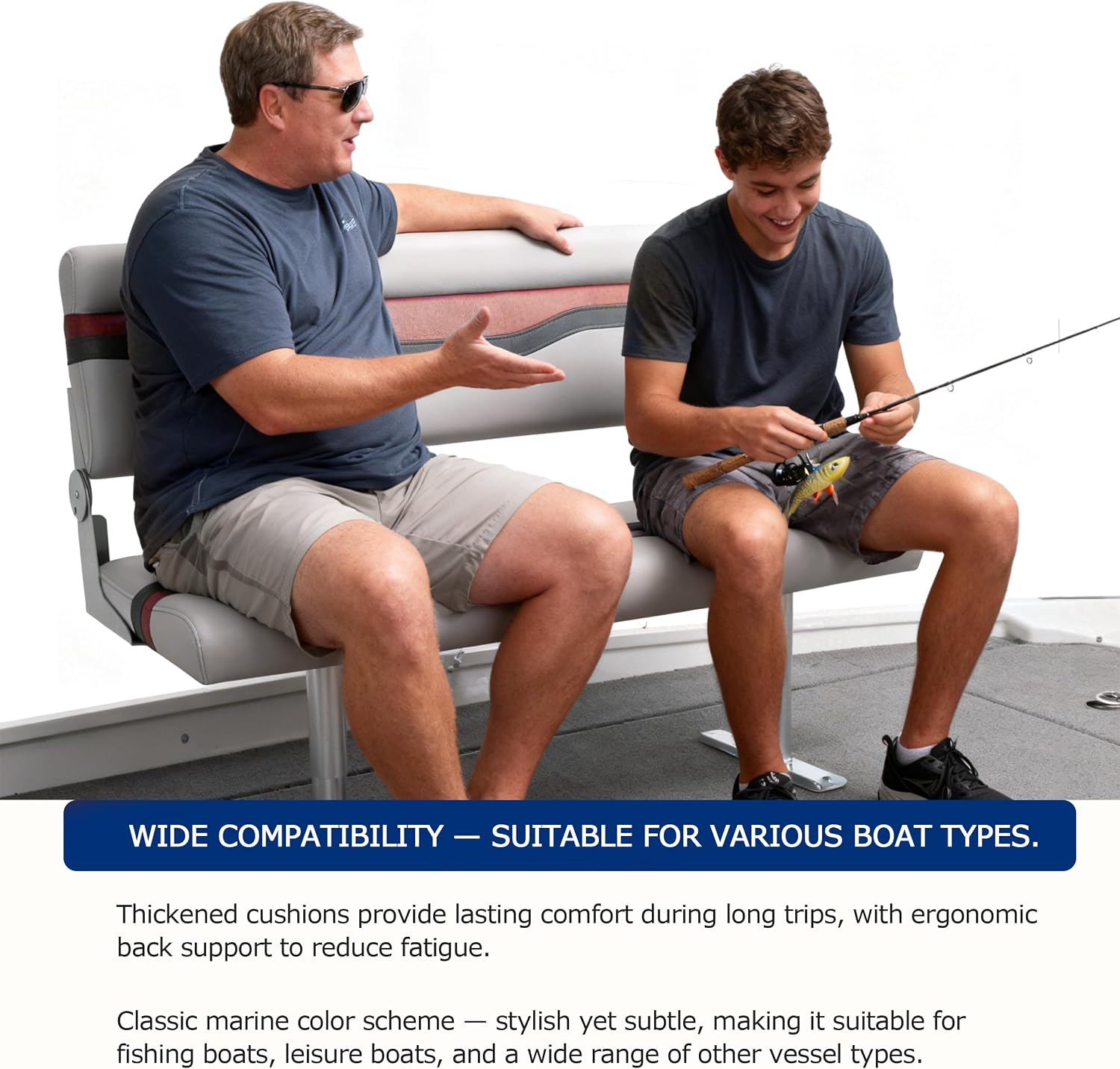 Boat Bench Seat for Fishing Boat, NORTHCAPTAIN Double Folding Boat Seat 2 Person with Marine-Grade Vinyl and PE Frame, Padded Cushion for Bass Boat Jon Boat Pontoon,Light Grey/Charcoal/Wine Red