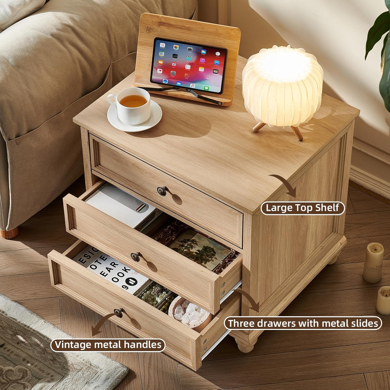 Joaxswe 24' Wide Farmhouse Night Stand,Large End Table with 3 Drawers & Metal Handle,Natural Dresser for Bedroom, Bed Side Table Chest of Drawers Cabinet,Wood Nightstand for Living Room,Closet