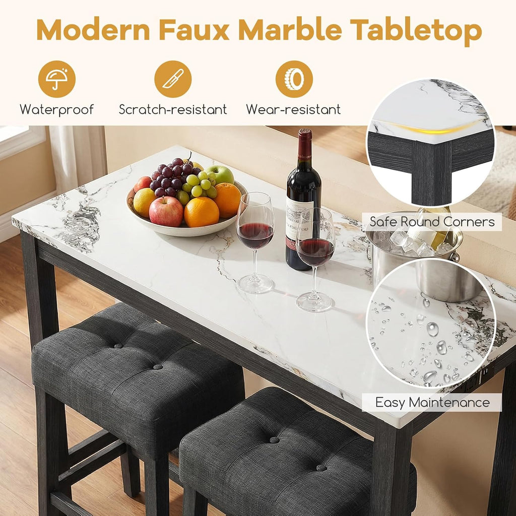 COSTWAY 3-Piece Bar Table Set with Charging Station, Modern Counter Height Breakfast Table w/Faux Marble Top & 2 Padded Stools, Wooden Console Table Set for Living Room, Kitchen, Dining Room (White)