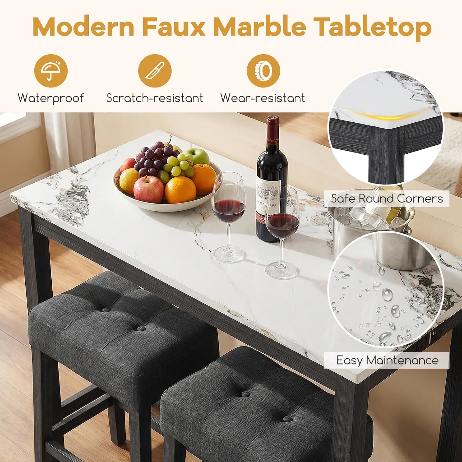 COSTWAY 3-Piece Bar Table Set with Charging Station, Modern Counter Height Breakfast Table w/Faux Marble Top & 2 Padded Stools, Wooden Console Table Set for Living Room, Kitchen, Dining Room (White)