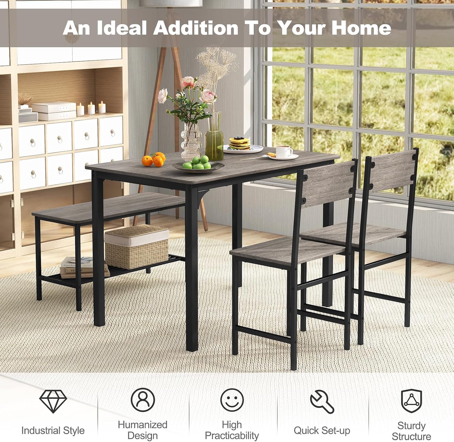 Giantex Dining Table Set for 4, Kitchen Table with Bench and Chairs, Industrial Gathering Bench Dining Set W/Metal Frame & Storage Rack, Dinette Set, Modern Functional Desk Set (Grey)