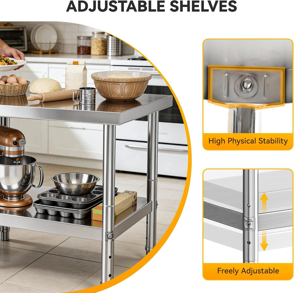 DWVO 60x24in Stainless Steel Table, NSF Metal Prep Worktable with Adjustable Shelf for Kitchen Restaurant Hotel Garage Warehouse Home