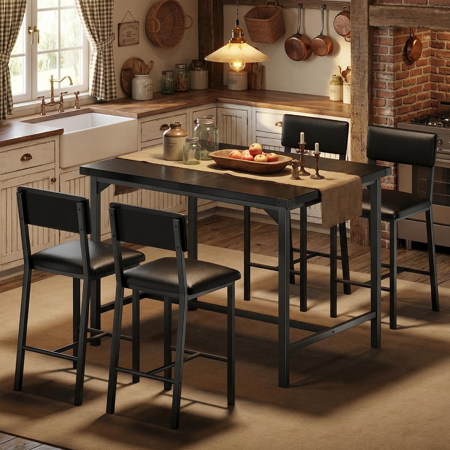 GarveeHome Dining Table Set for 4 w/Corner Protecto, Dining Room Table Set with Footrest & Backrest, Counter Height Table with 4 Upholstered Bar Stools, for Apartment, Pub, Rustic Black