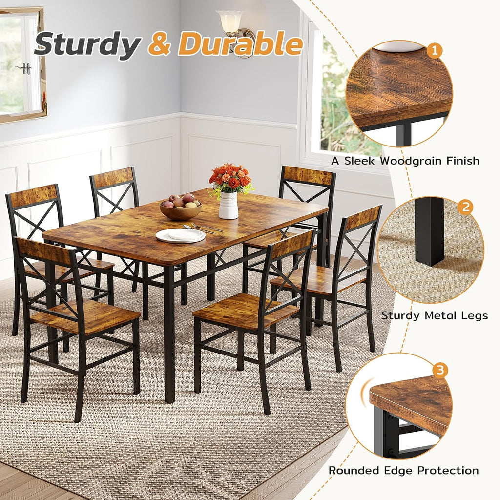 Zevemomo 7-Piece Dining Table Set, Kitchen Table Chairs Set of 6, Dining Room Sets for 6, Farmhouse Dining Table Set with 6 X-Shaped Curved Backrest Chairs, for Kitchen & Living Room-Rustic Brown