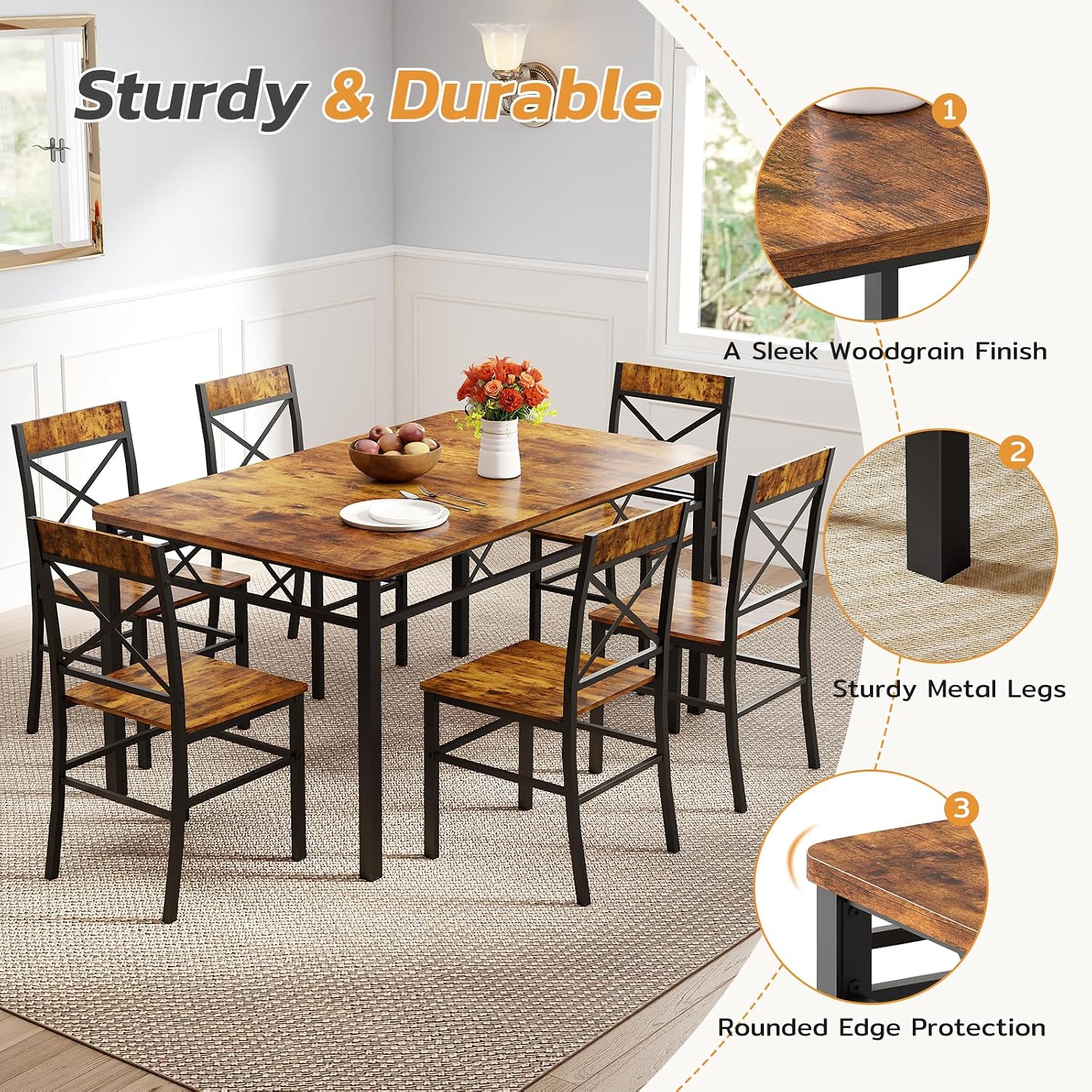Zevemomo 7-Piece Dining Table Set, Kitchen Table Chairs Set of 6, Dining Room Sets for 6, Farmhouse Dining Table Set with 6 X-Shaped Curved Backrest Chairs, for Kitchen & Living Room-Rustic Brown