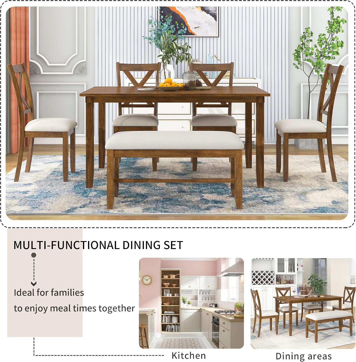 Merax Solid Wood Dining Table Set with Bench for 6, 6 Piece Rectangular Kitchen Table Set with 4 Upholstered Chairs and Bench for Room Dining Room - Natural Cherry+Beige