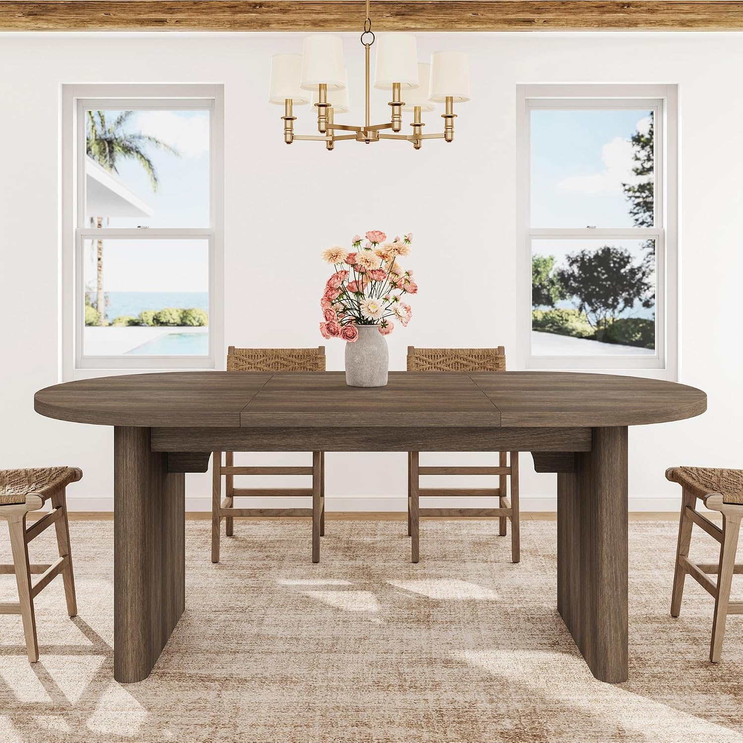 GarveeHome Oval Dining Table for 6-8 People, Long Large Kitchen Table with Thick Sturdy Wooden Base, Farmhouse Dining Room Table for for Kitchen, Living Room, Office (70.87' Long,Brown)