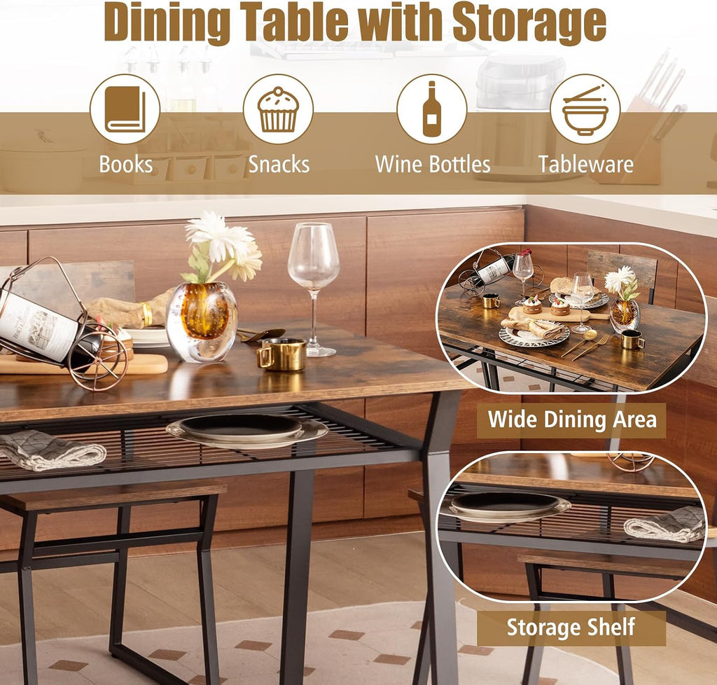 Giantex Dining Table Set for 4, 47'L x 28'W Rectangular Kitchen Table w/ 4 Trapezoid Chairs, Reinforced Metal Frame & Storage Rack, Industrial Space-Saving Dinette Set for Kitchen Dining Room (Brown)