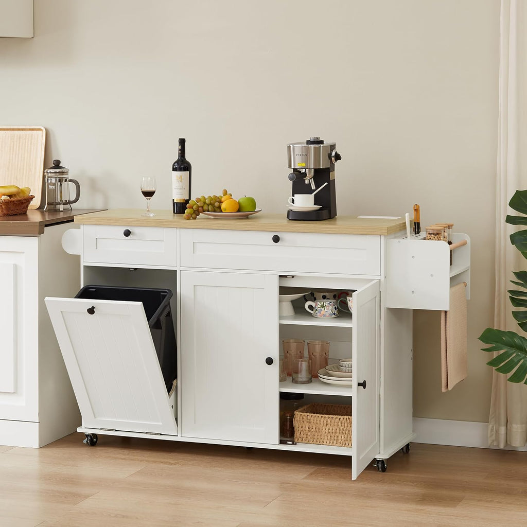 60' Kitchen Island with Power Outlet & Drop Leaf, Kitchen Rolling Island with Spice Rack & Towel Rack, Knife Holder, Kitchen Island Cart with Trash Storage Cabinet, Mobile Island Table for Kitchen