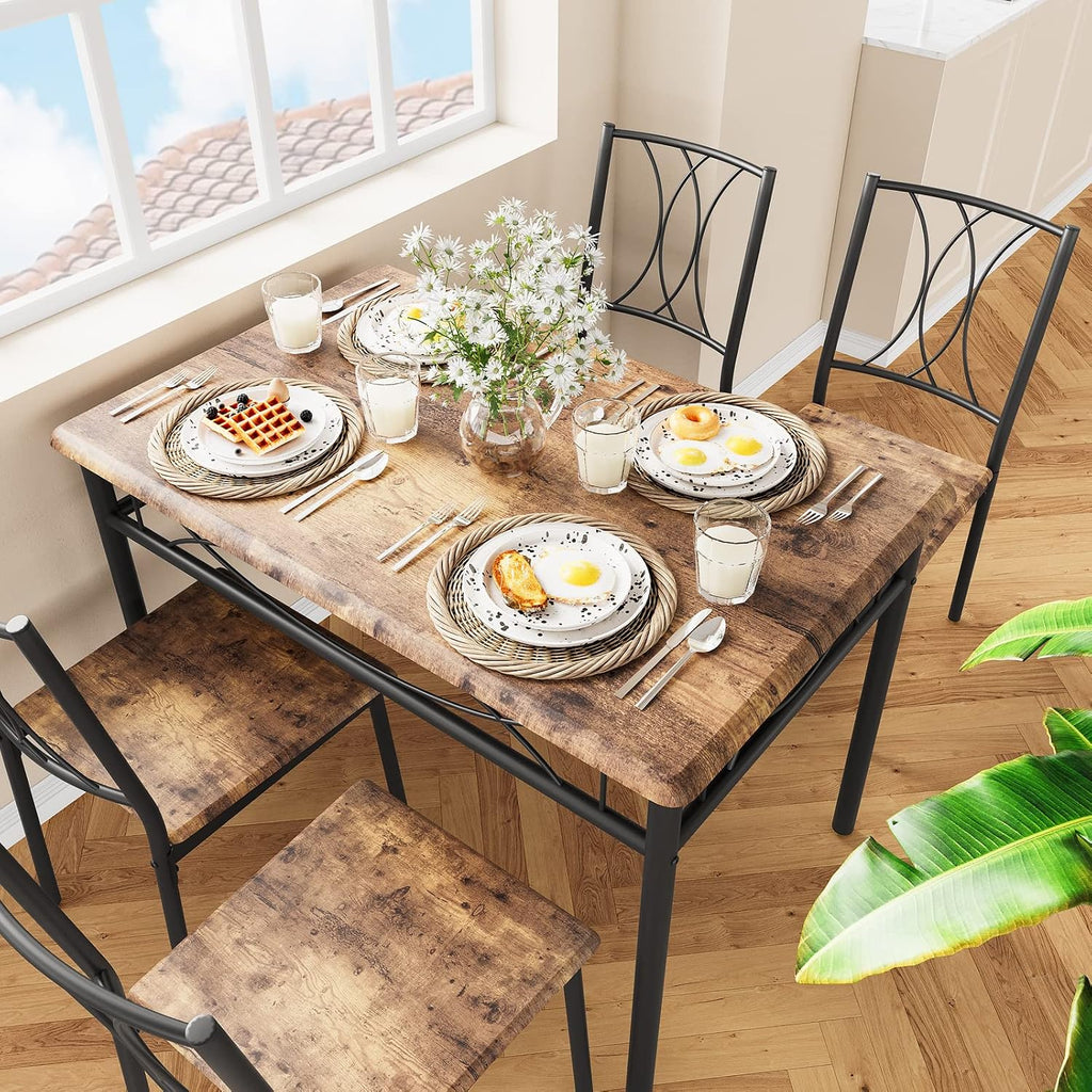 Garvee 5-Piece Wood Dining Table Set for 4, Rectangular Kitchen Table Set with 4 Chairs, Space-Saving Dining Table Set for Apartment, Studio, Kitchen, Small Space, Brown