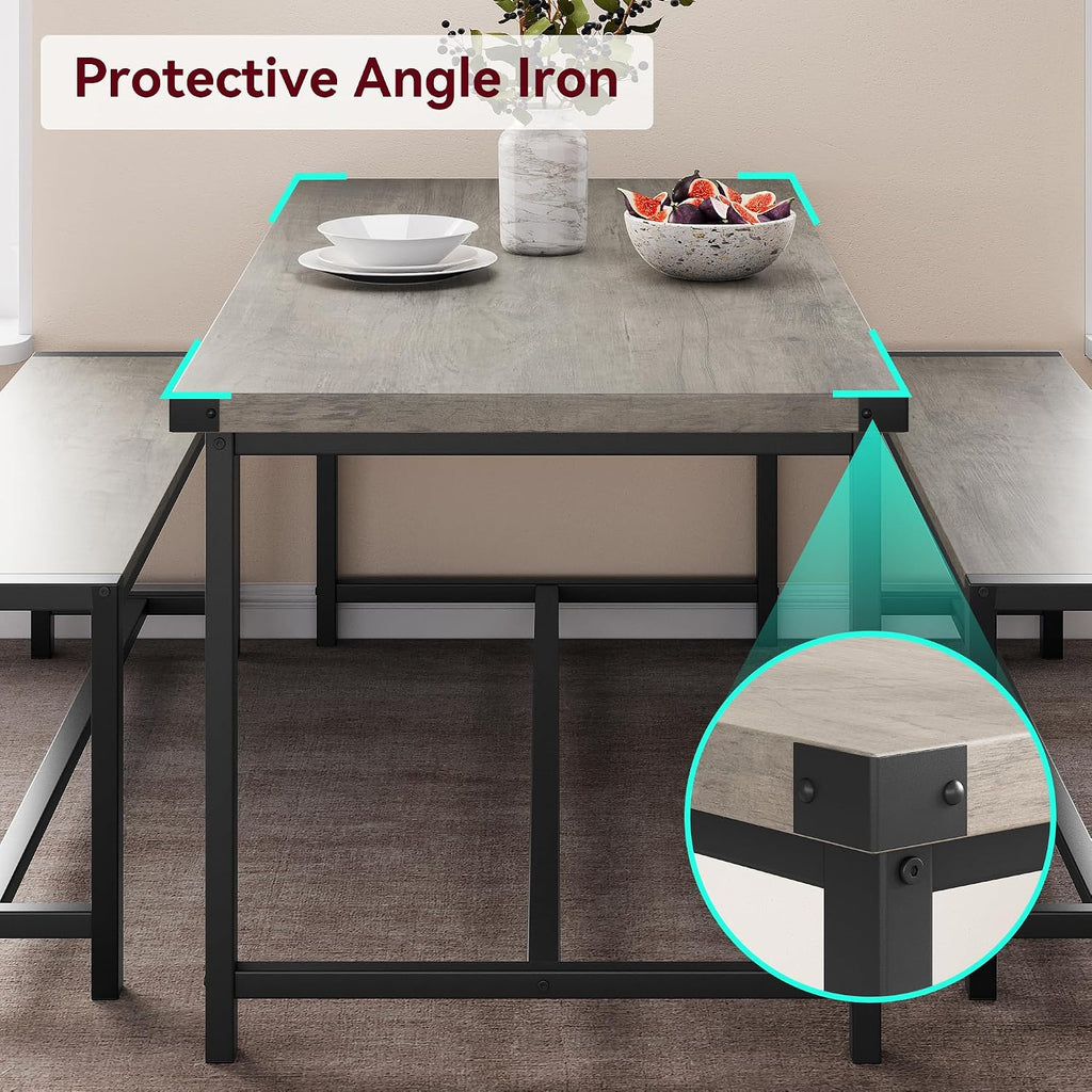 IDEALHOUSE Dining Table Set for 4, Kitchen Table with Benches, Rectangular Dining Room Table Set with 2 Metal Wood Benches, 3 Piece Dining Table Set for Small Space, Apartment, Dinette, Retro Gray